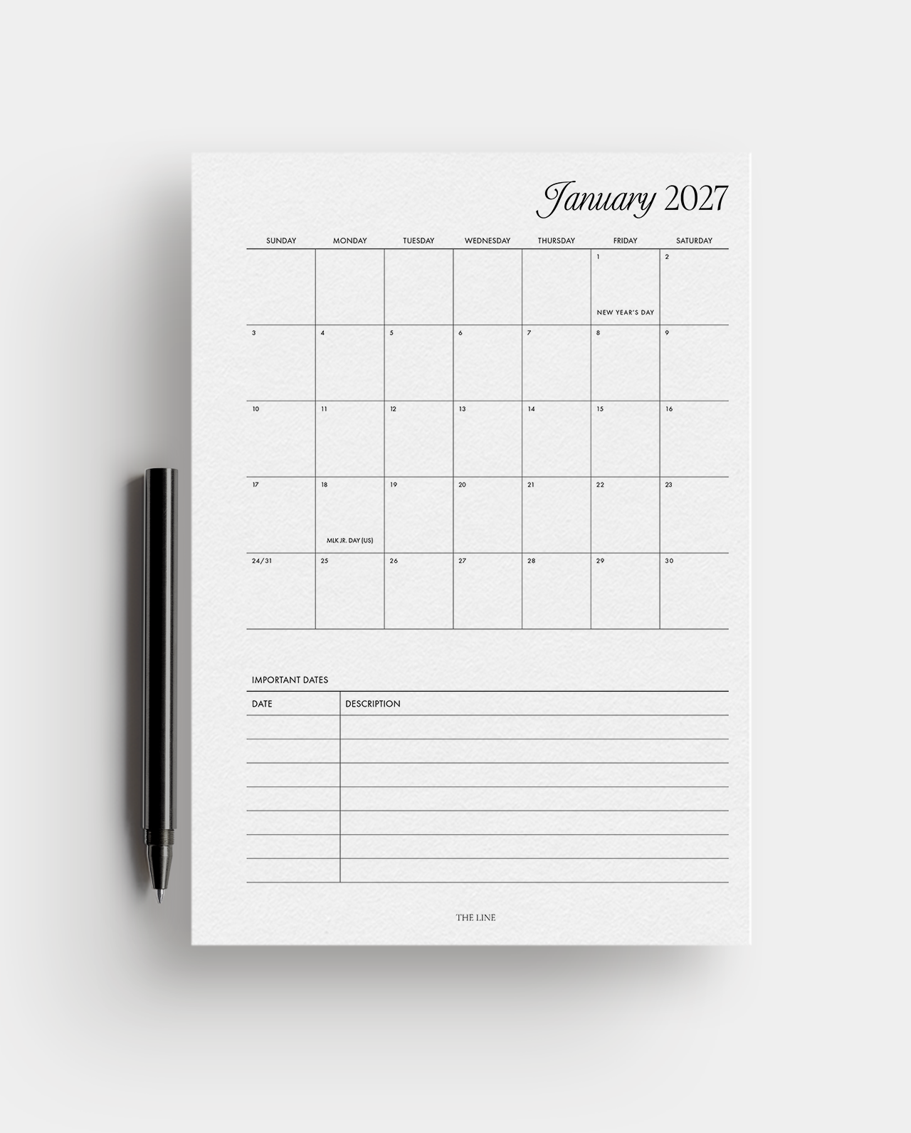 2027 Monthly Calendar Overview Planner Inserts (Mo1P)